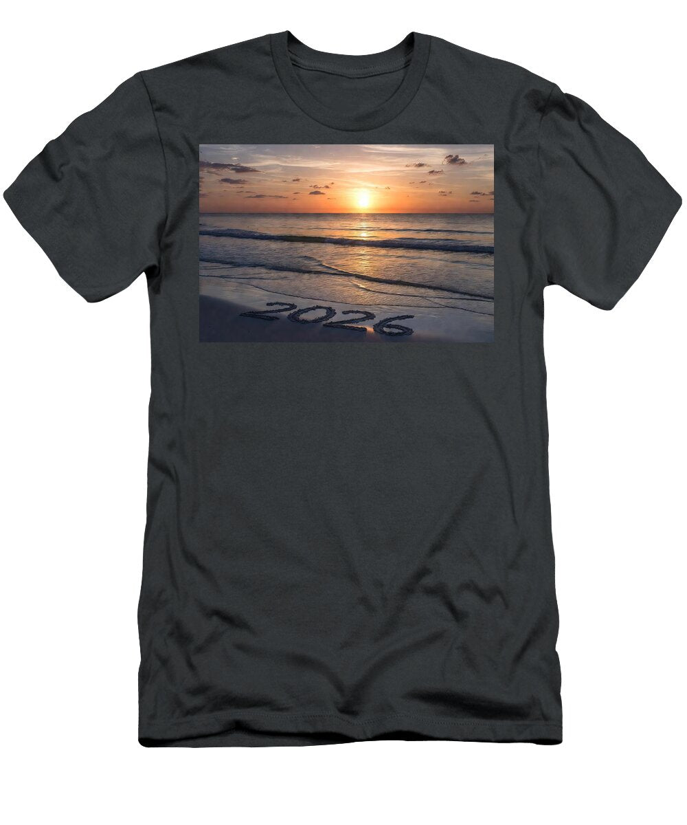 1 2026 New Year Text Symbol on Sandy Beach Shore At Sunset Festive Coastal Celebration Talha Khan T-Shirt