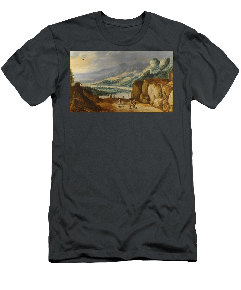 1 an Extensive Mountainous River Landscape with Horsemen Conversing on a Raised Plateau Joos De Momper Flemish T-Shirt
