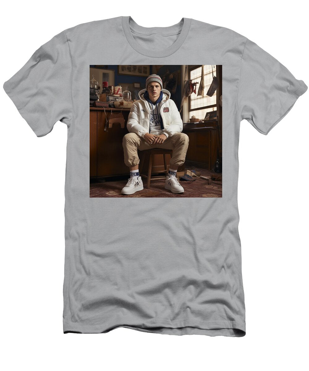 1 Ansel Elgort Sitting in Nike Sneakers and Warm By Asar Studios Timeless Images Archive T-Shirt