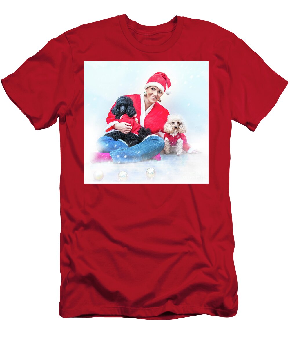 1 Cheerful Young Woman in Christmas Outfit Accompanied By Two Sweet Poodles Jozef Klopacka T-Shirt