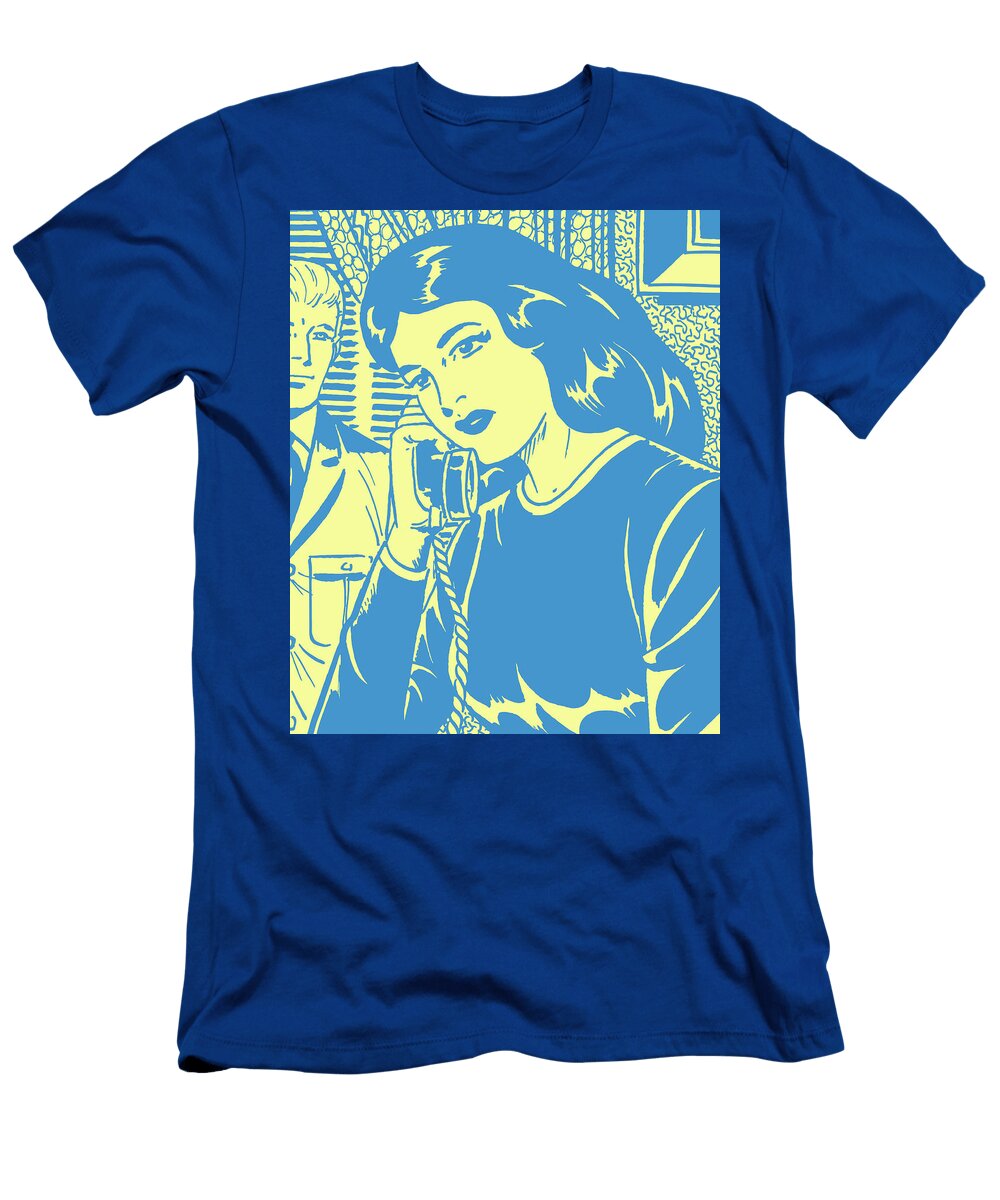 1 Dark Haired Woman on Telephone and Man in Background Csa Images T-Shirt