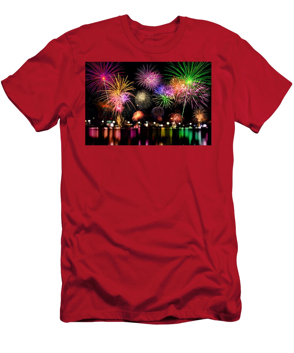 1 Fireworks Celebration and the City Night Light Background Areeya Yodplob T-Shirt