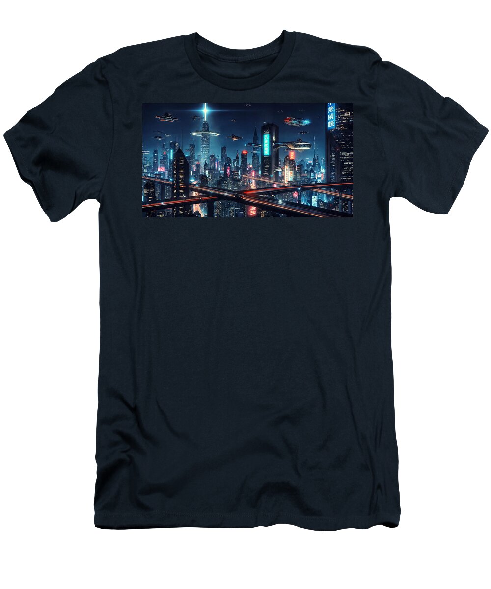 1 Futuristic Cityscape At Night Mango Art T-Shirt