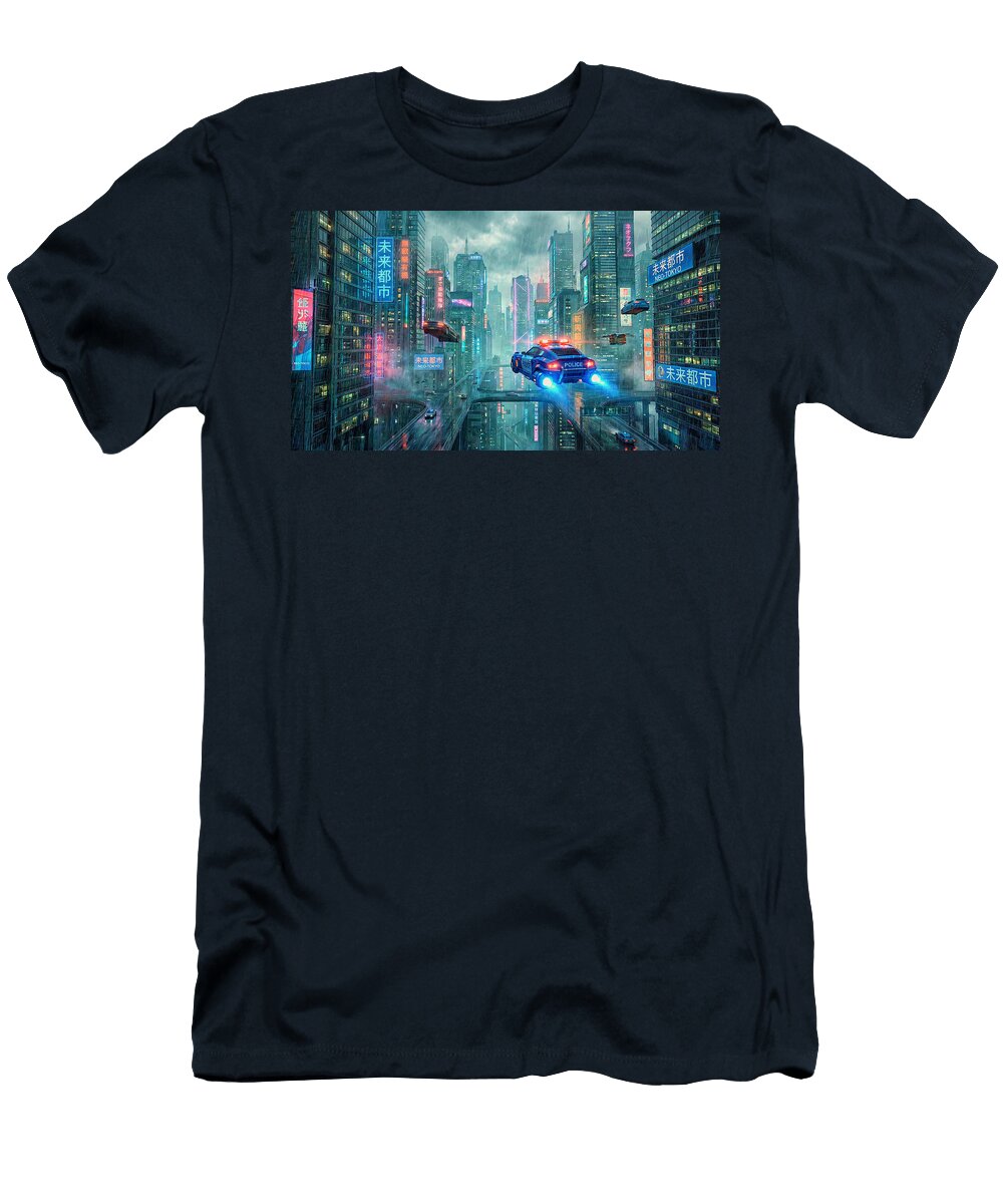1 Futuristic Cityscape with Flying Cars Mango Art T-Shirt