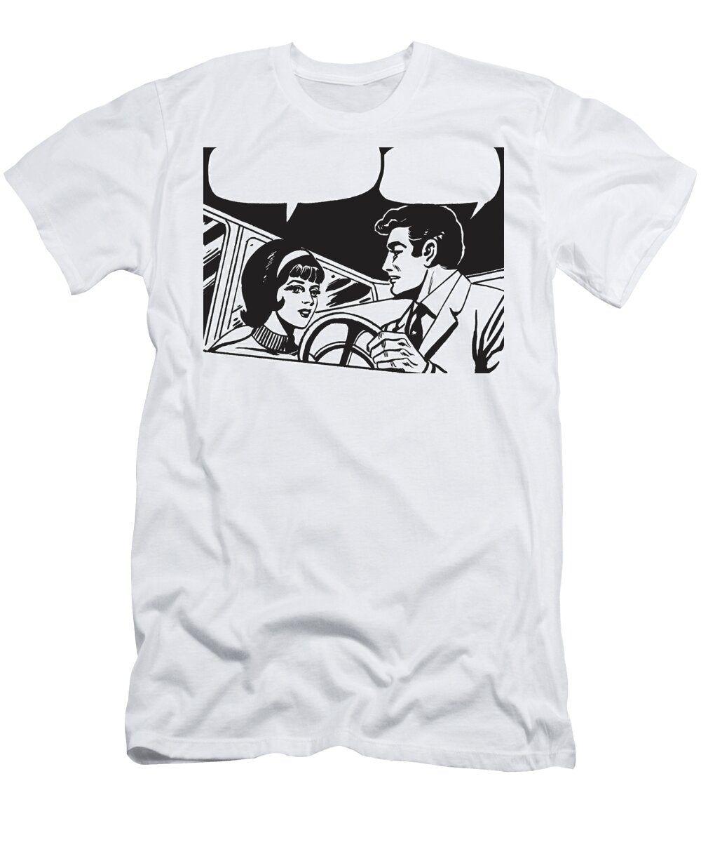 1 Man and Woman Talking in Car with Speech Balloons Csa Images T-Shirt