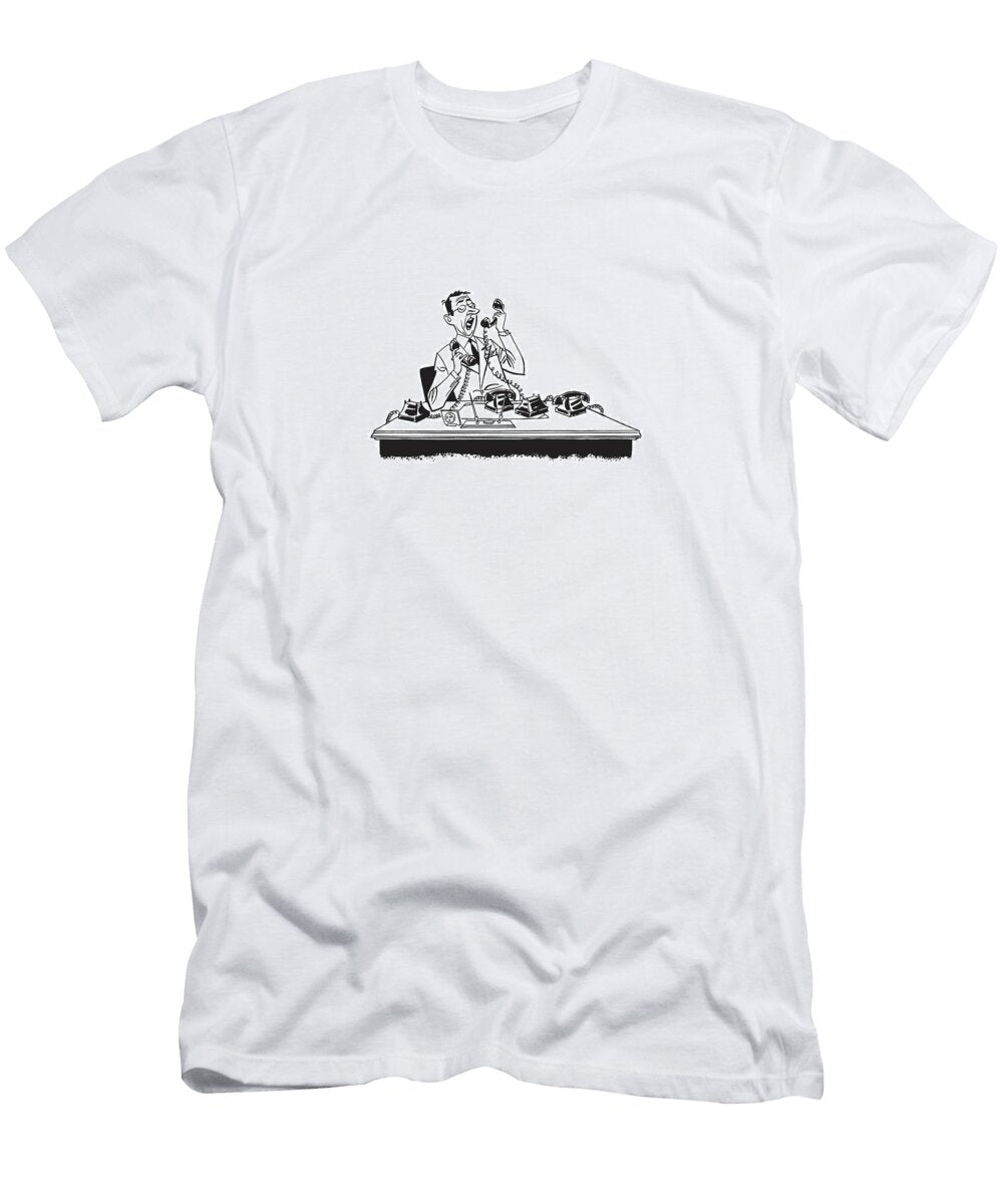 1 Man At Desk Answering Many Phones Csa Images T-Shirt