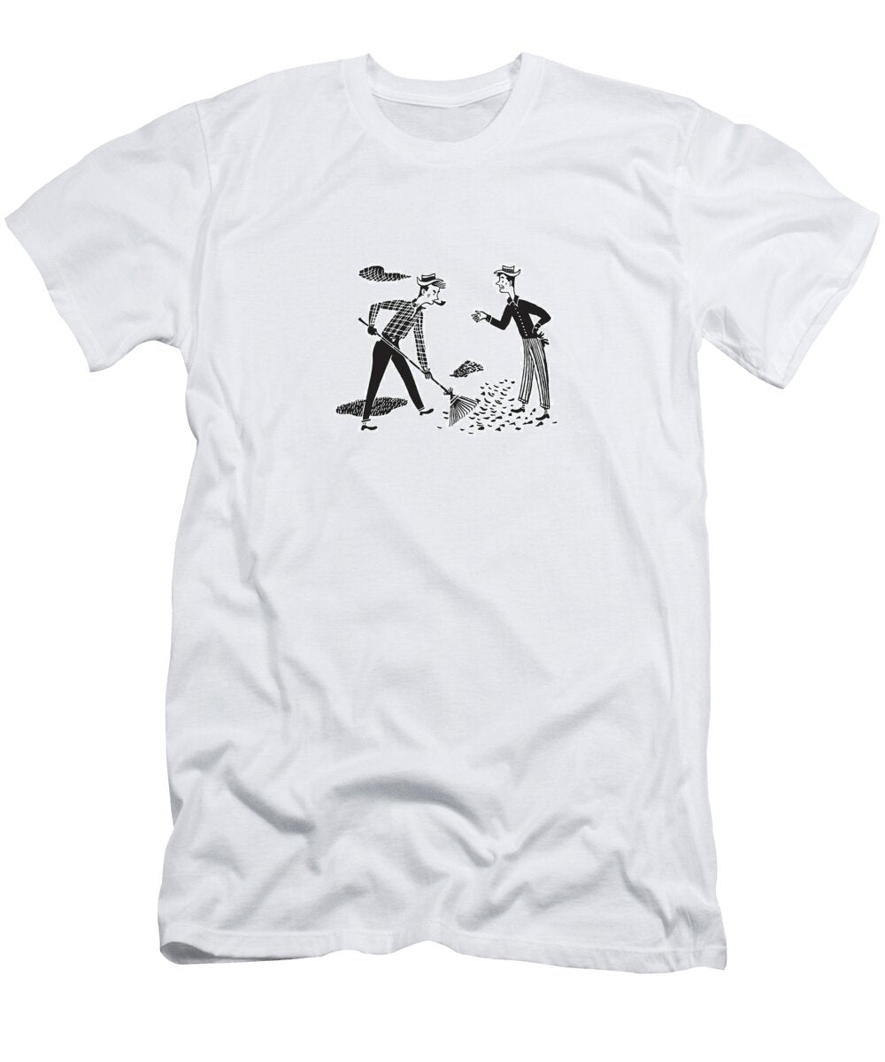 1 Man Raking Leaves While Another Man Talks Csa Images T-Shirt