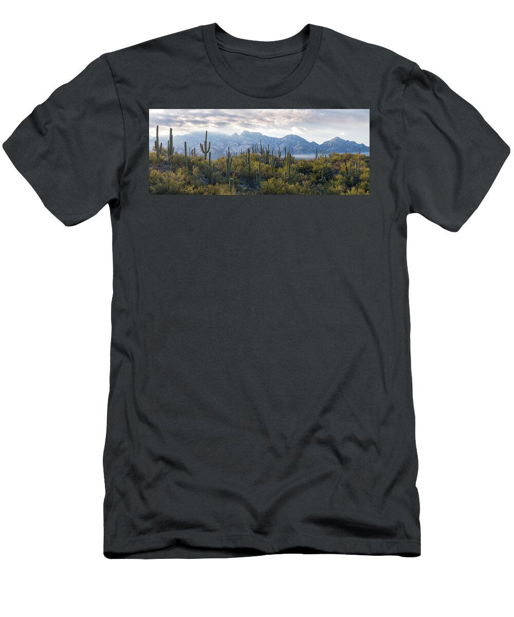 1 Saguaro Cactus with Mountain Range Panoramic Images T-Shirt