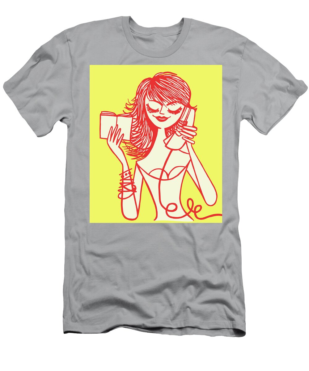 1 Woman on the Phone and Holding Book Csa Images T-Shirt