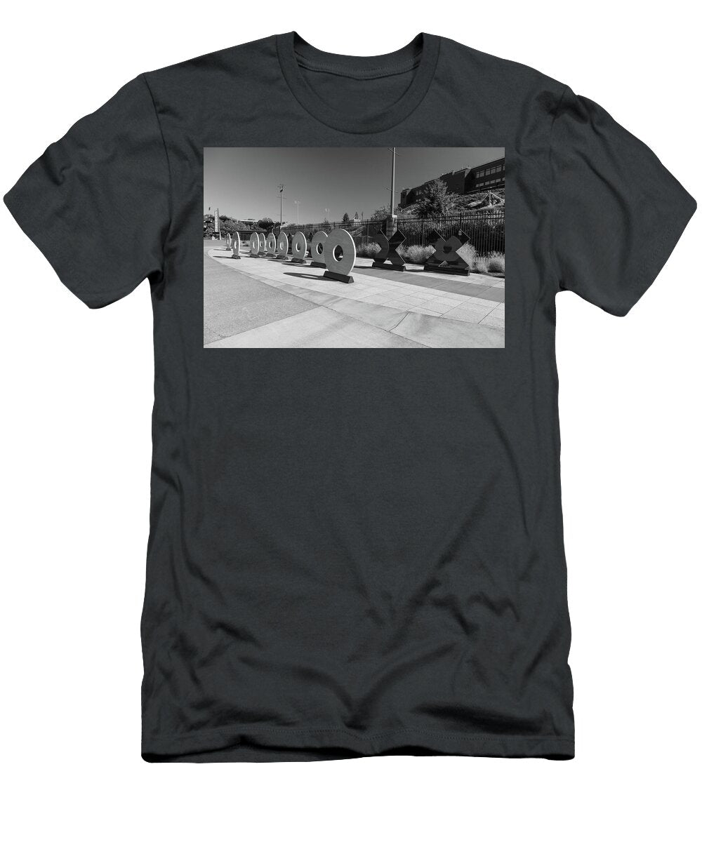 1 Xs and Os Sculpture At Autzen Stadium At the University of Oregon in Black and White Eldon Mcgraw T-Shirt