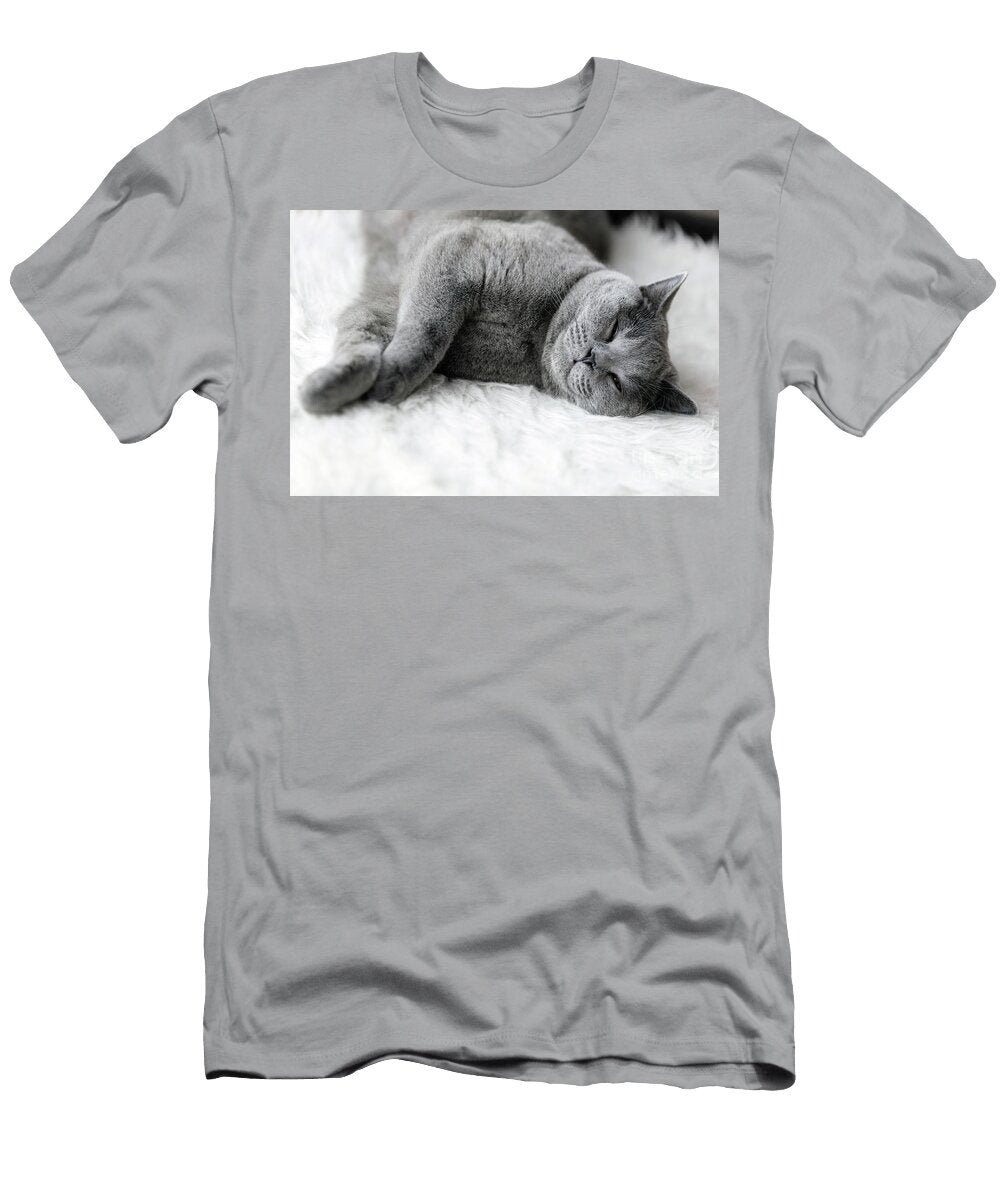 1 Young Cute Cat Sleeping on Cosy White Fur the British Shorthair Michal Bednarek T-Shirt