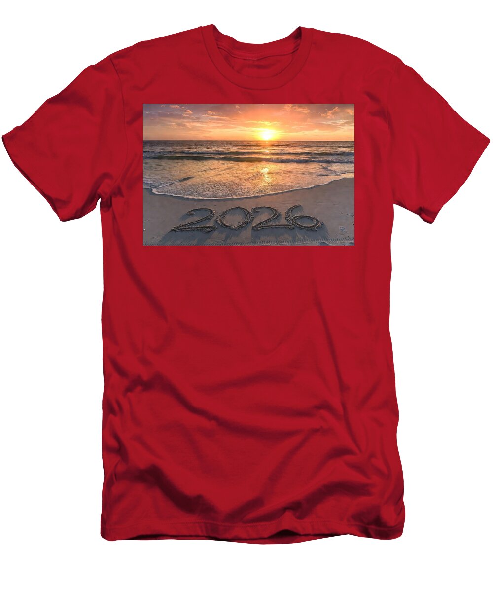2 2026 New Year Text Symbol on Sandy Beach Shore At Sunset Festive Coastal Celebration Talha Khan T-Shirt