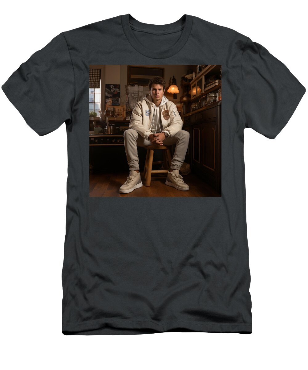 2 Ansel Elgort Sitting in Nike Sneakers and Warm By Asar Studios Timeless Images Archive T-Shirt