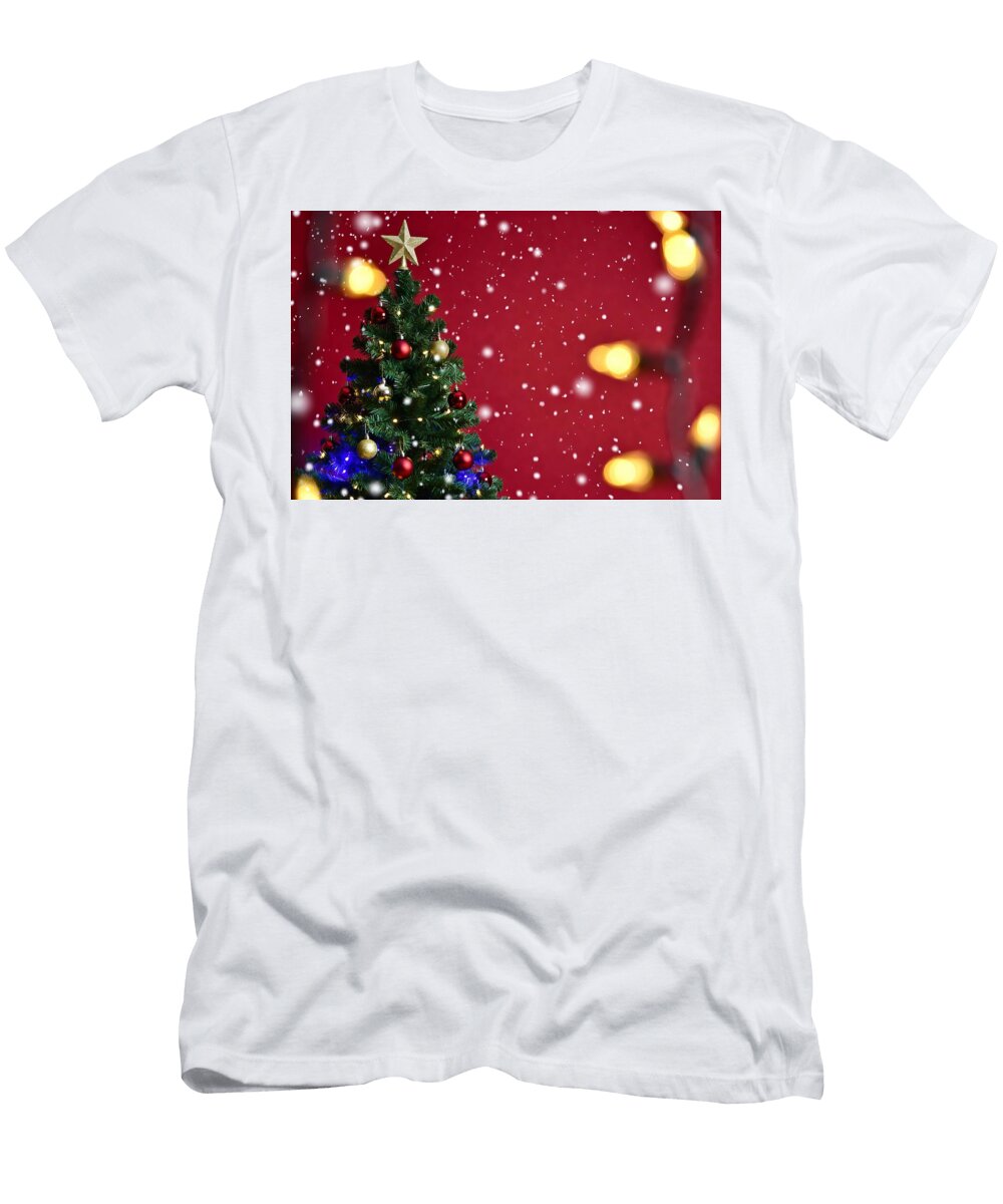 2 Christmas Background with Xmas Tree and Sparkling Bokeh Lights on Red Canvas Merry Christmas Hap Talha Khan T-Shirt