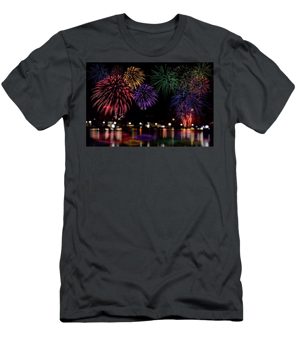 2 Fireworks Celebration and the City Night Light Background Areeya Yodplob T-Shirt