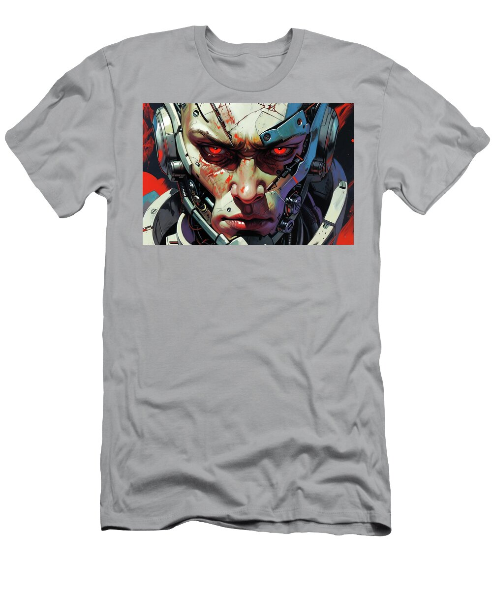 2 Futuristic Cyborg Face Oil Painting with Glowing Eyes and Dramatic Mechanical Detail Talha Khan T-Shirt