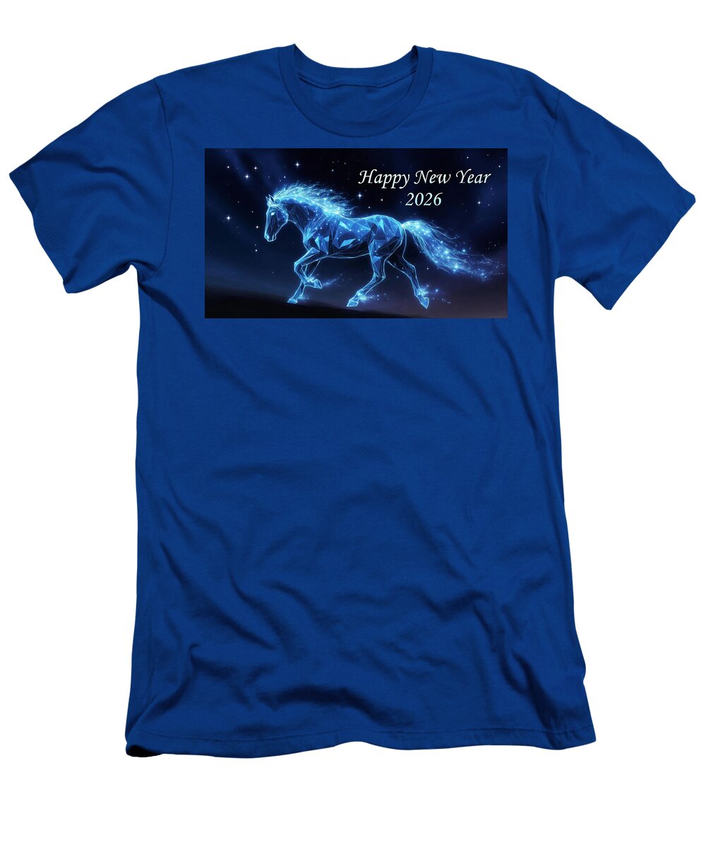 2 Glowing Neon Blue Polygonal Horse Running Through Stars Happy New Year 2026 Digital Illustration Talha Khan T-Shirt