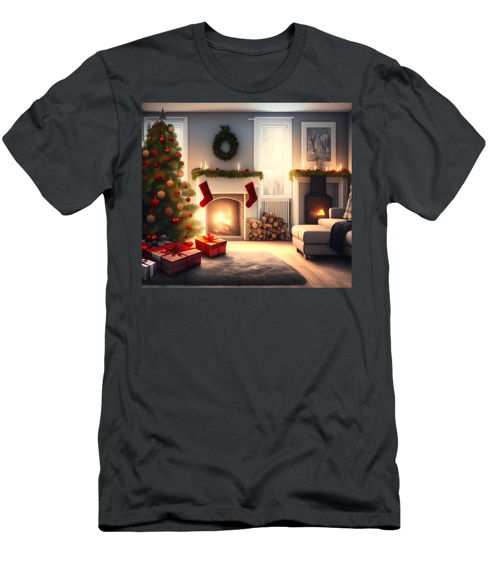 2 Room with Christmas Tree Generative Ai Illustration Miroslav Nemecek T-Shirt