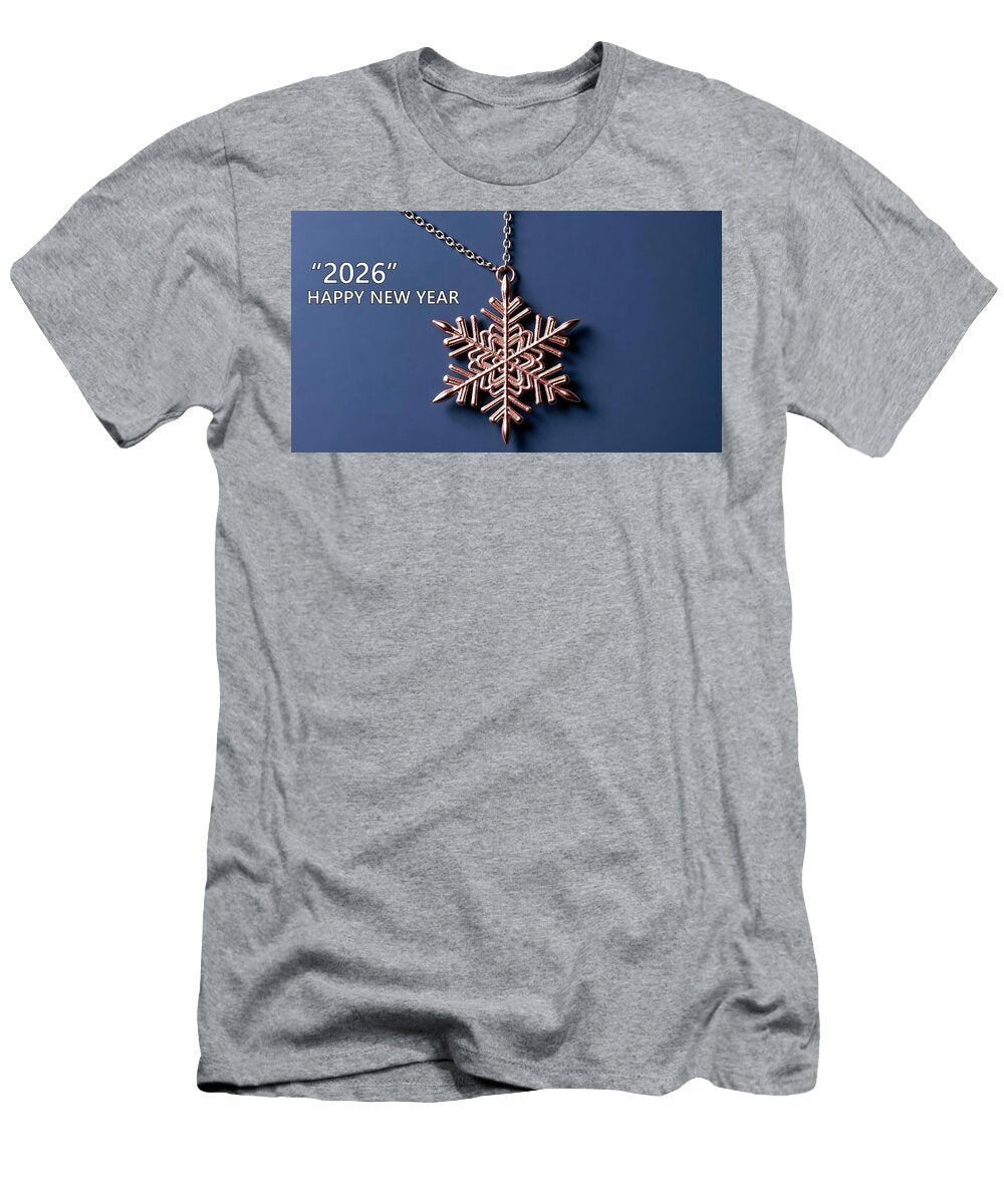 2 Rose Gold Snowflake Ornament with Silver Chain and 2026 Happy New Year Text on Deep Blue Backgroun Talha Khan T-Shirt