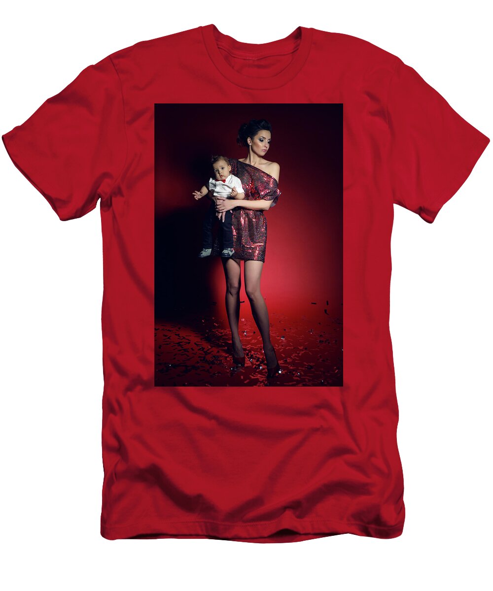 2 Sexy Girl in Red Short Dress with a Boy Child Elena Saulich T-Shirt
