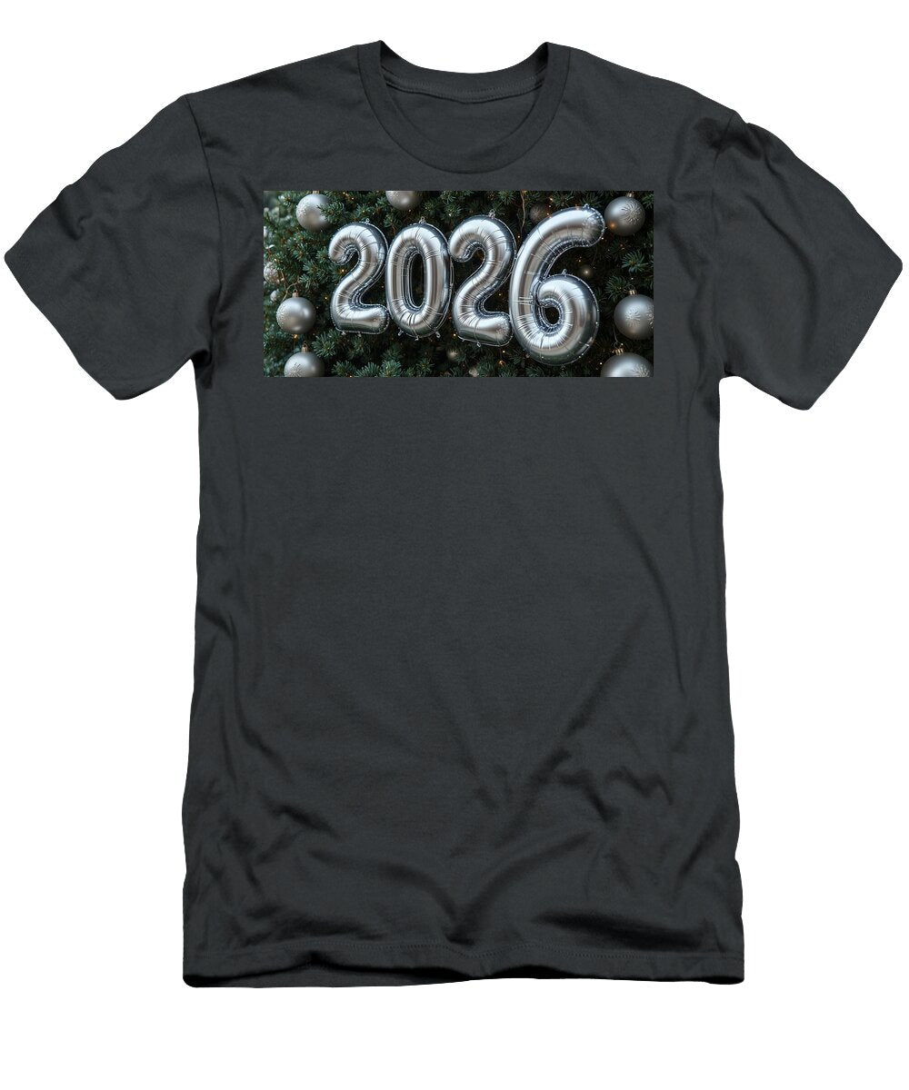 2 Silver 2026 Balloons with Festive Pine Tree Background New Year Celebration Decoration Talha Khan T-Shirt