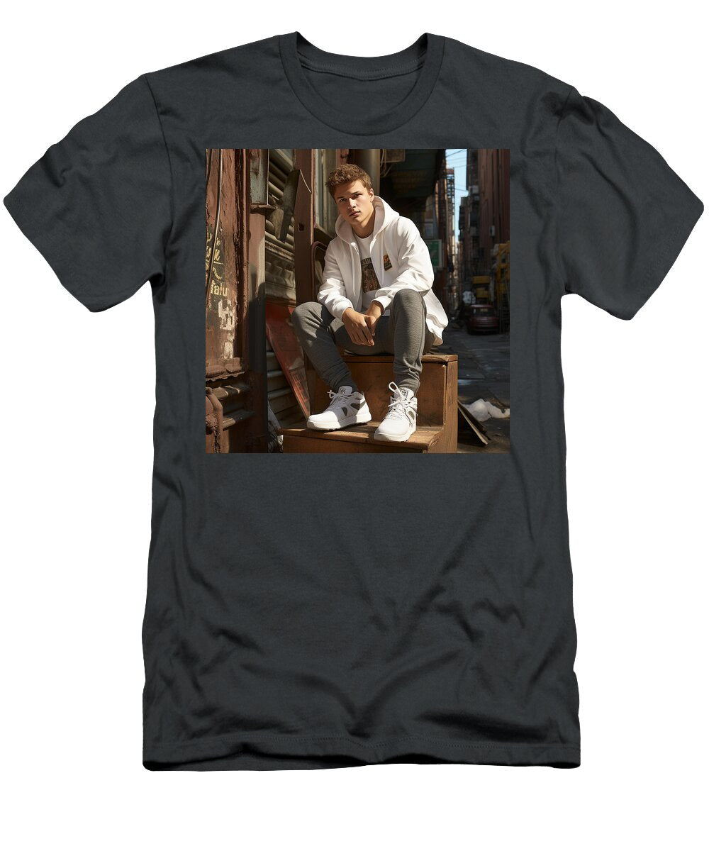 3 Ansel Elgort Sitting in Nike Sneakers and Warm By Asar Studios Timeless Images Archive T-Shirt