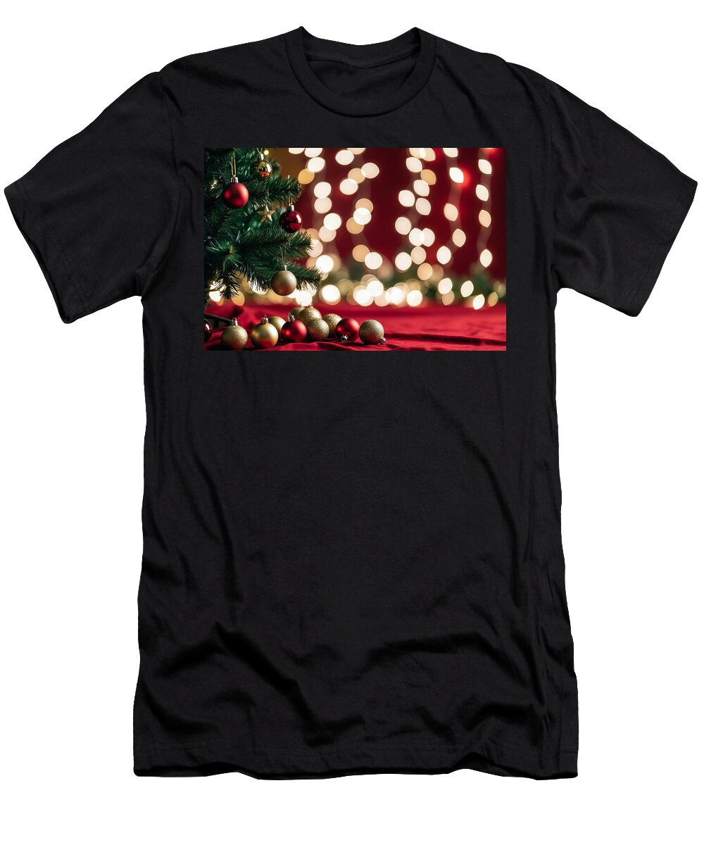 3 Christmas Background with Xmas Tree and Sparkling Bokeh Lights on Red Canvas Merry Christmas Hap Talha Khan T-Shirt