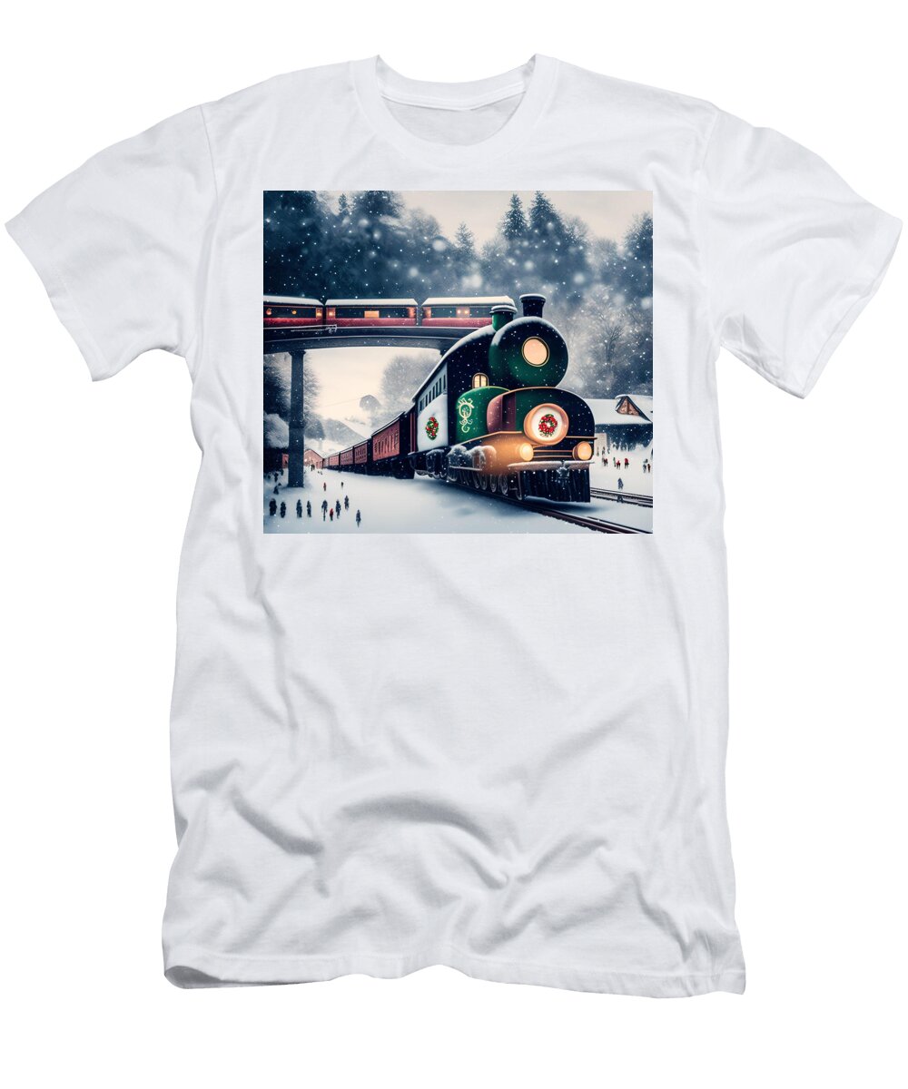 3 Christmas Train Going Through Village Generative Ai Illustratio Miroslav Nemecek T-Shirt