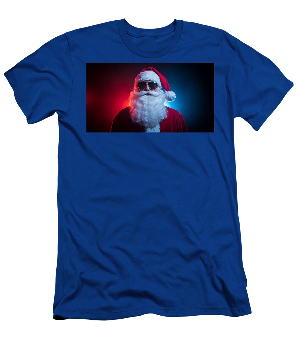 3 Cool Hipster Santa Claus with Sunglasses and Beard on Neon Colorful Christmas Background Talha Khan T-Shirt