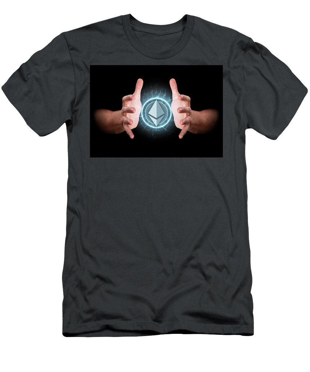 3 Hands Grasping Cryptocurrency Allan Swart T-Shirt
