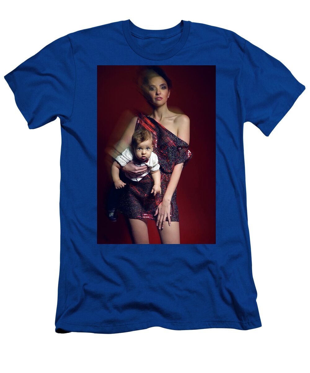 3 Sexy Girl in Red Short Dress with a Boy Child Elena Saulich T-Shirt