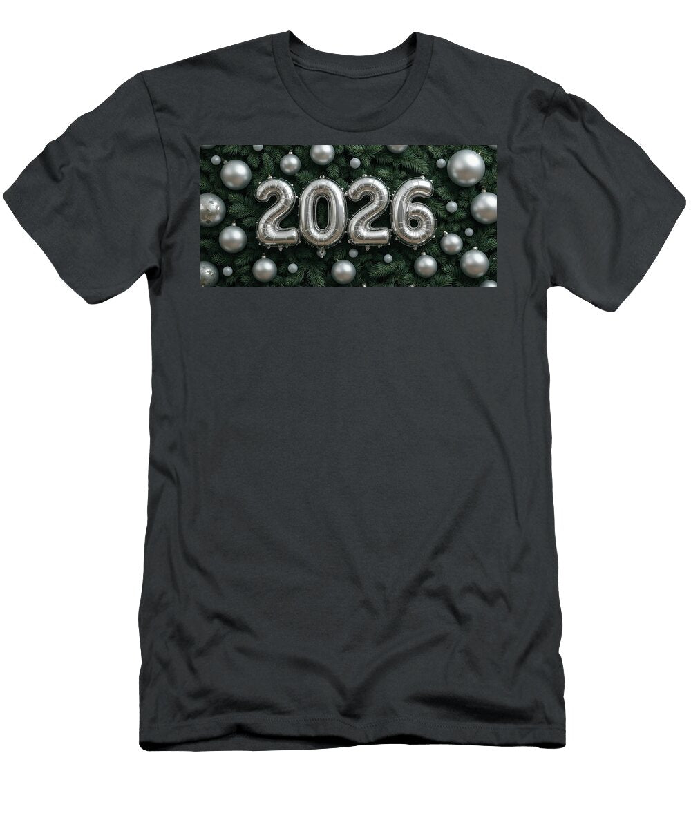 3 Silver 2026 Balloons with Festive Pine Tree Background New Year Celebration Decoration Talha Khan T-Shirt