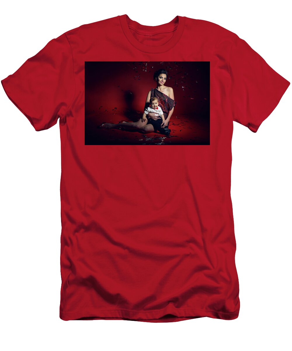4 Sexy Girl in Red Short Dress with a Boy Child Elena Saulich T-Shirt