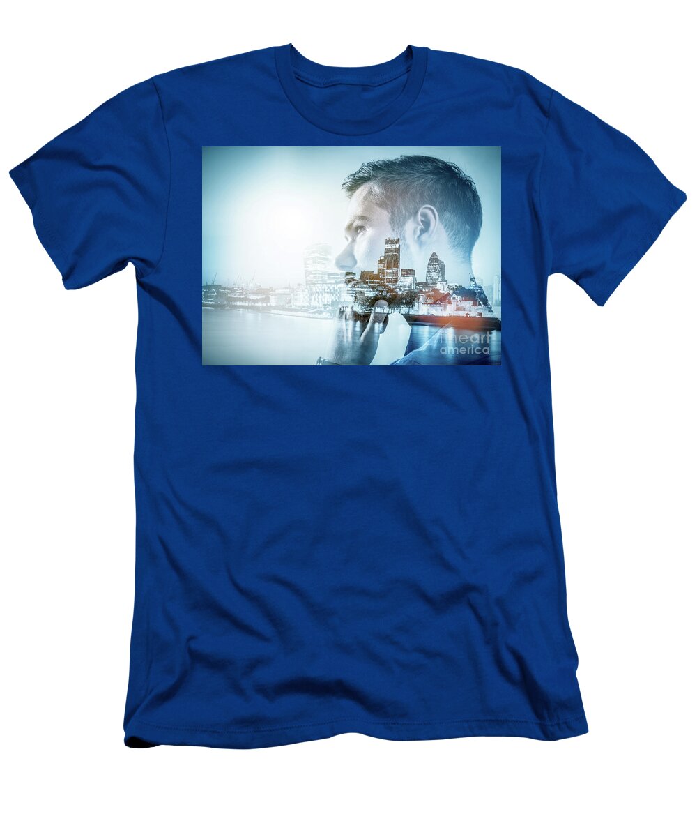 4 Young Businessman Thinking Double Exposure City Background Michal Bednarek T-Shirt