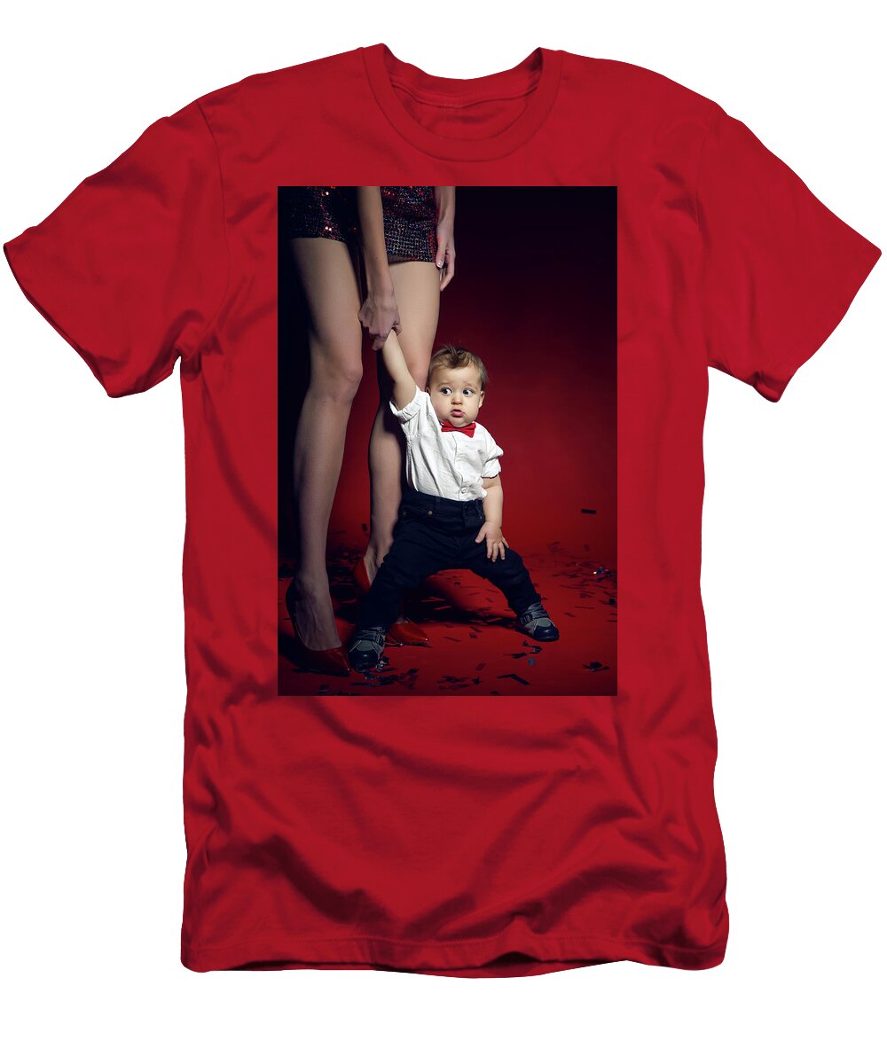 5 Sexy Girl in Red Short Dress with a Boy Child Elena Saulich T-Shirt