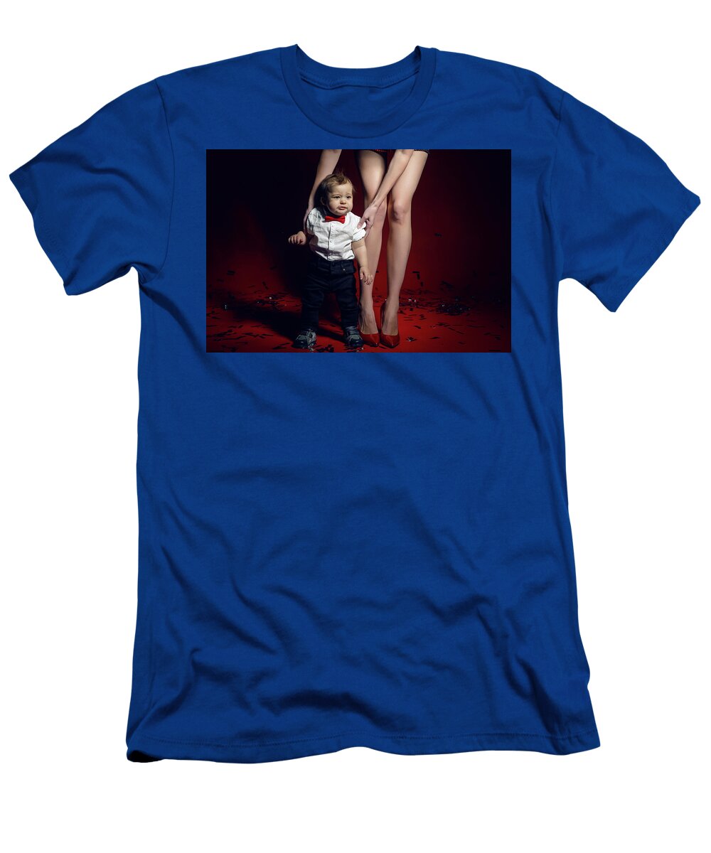 7 Sexy Girl in Red Short Dress with a Boy Child Elena Saulich T-Shirt