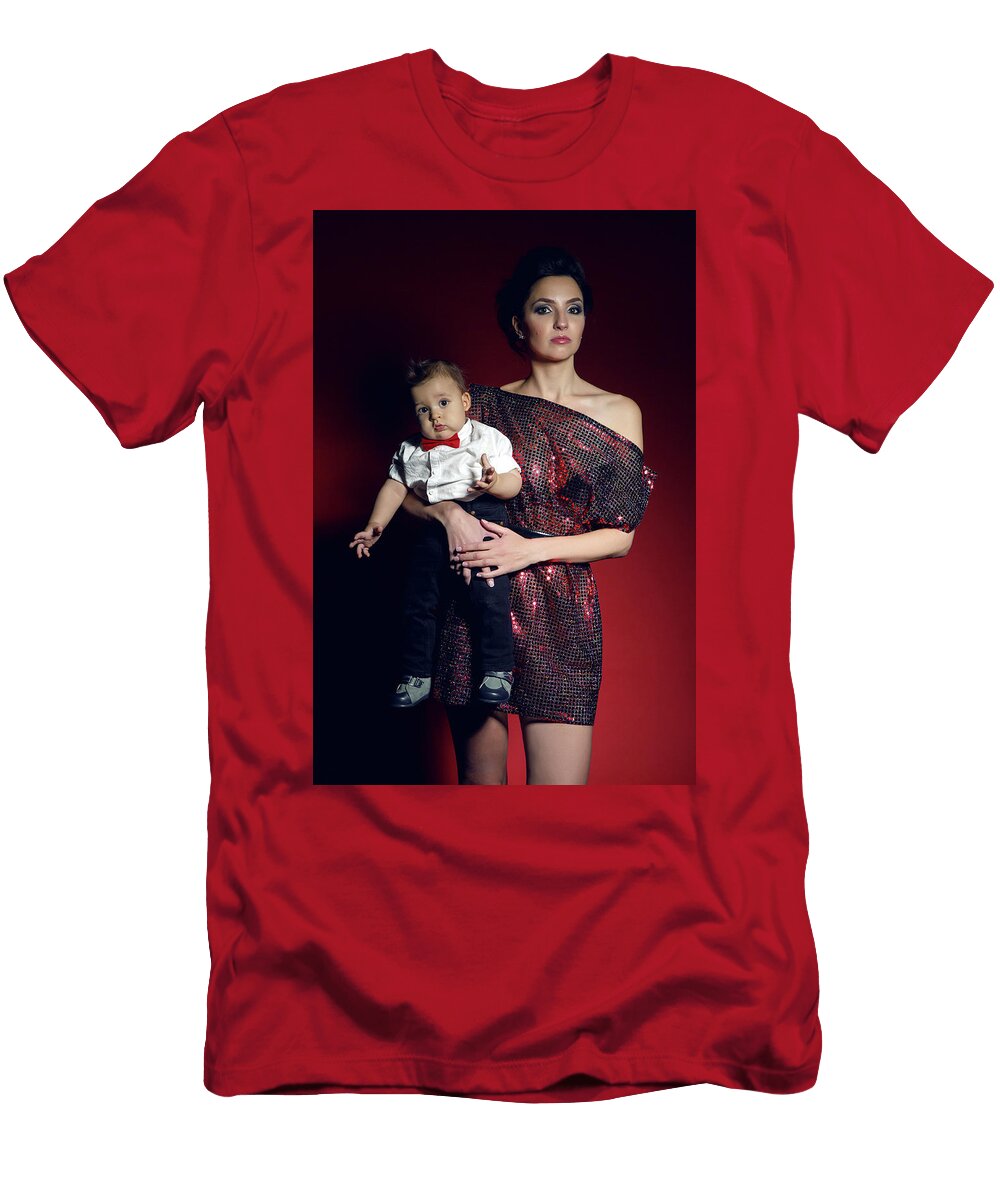 8 Sexy Girl in Red Short Dress with a Boy Child Elena Saulich T-Shirt
