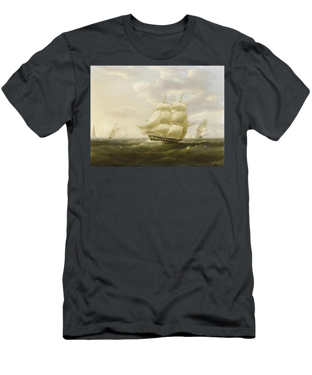 A British Frigate Bowling Down the Channel on a Breezy Day Past the Eddystone Lighthouse Thomas Buttersworth T-Shirt