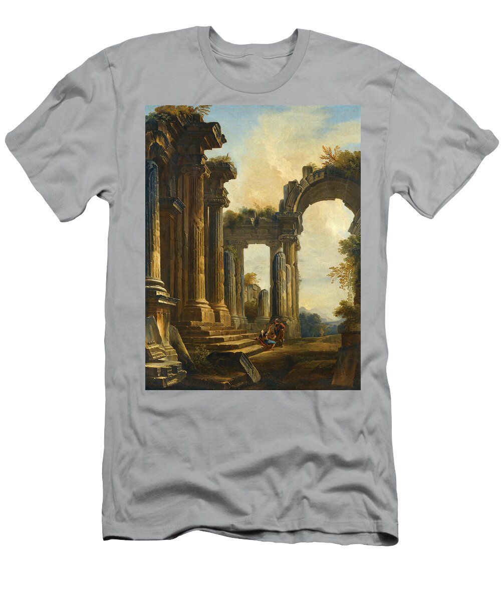 A Capriccio of Classical Ruins with Three Men Conversing At the Steps of a Temple Giovanni Niccolo Servandoni T-Shirt
