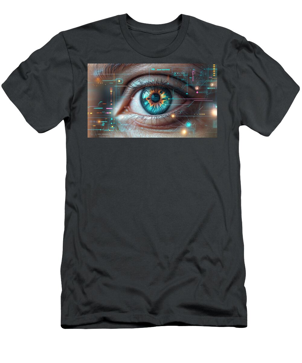 A Close Up of an Eye Is Overlaid with Digital and Technological Graphics Mango Art T-Shirt