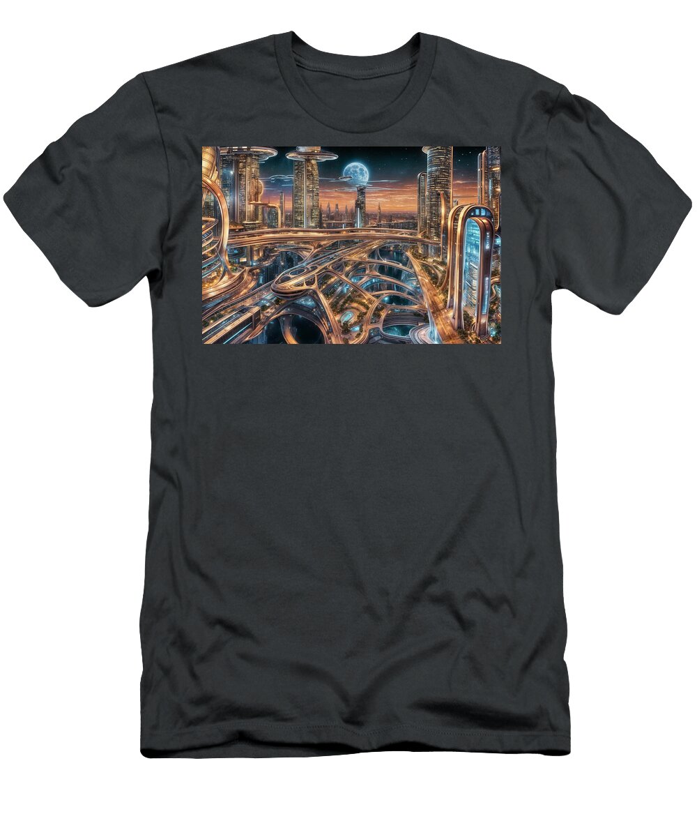 A Futuristic Cityscape Features Towering Skyscrapers and Intricate Highway Systems Mango Art T-Shirt