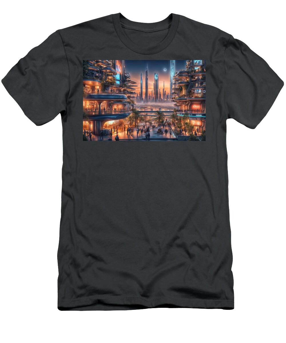 A Futuristic Cityscape Showcases Towering Skyscrapers and Bustling Pedestrian Bridges Mango Art T-Shirt