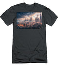 A Futuristic Cityscape Showcases Towering Skyscrapers Piercing Through a Dramatic Sky Filled with Cl Mango Art T-Shirt