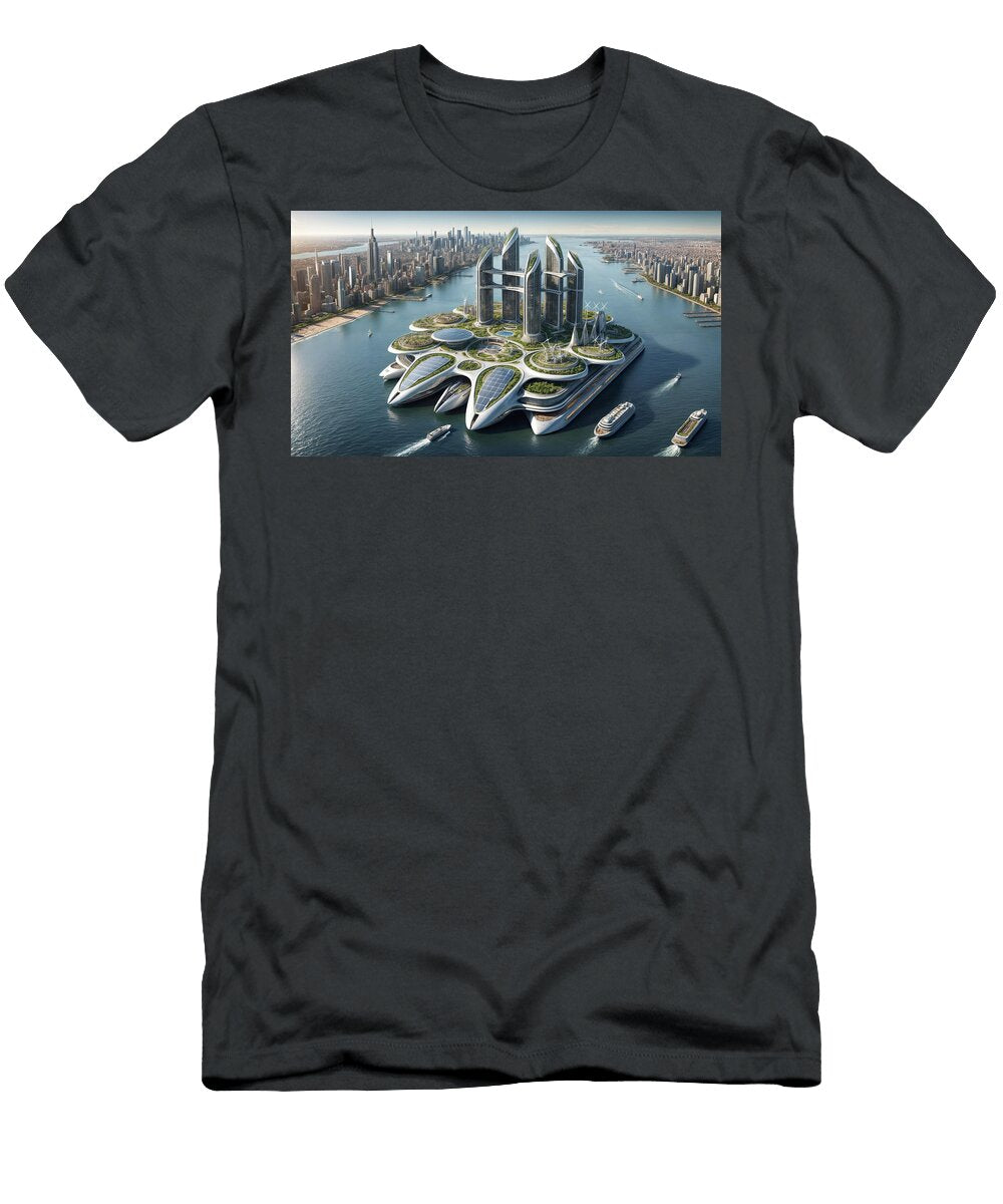 A Futuristic Floating City Features Sleek Skyscrapers and Lush Greenery Mango Art T-Shirt