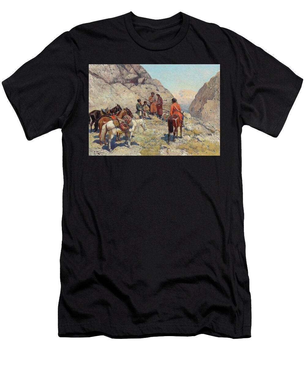 A Group of People Is Depicted in a Rocky Mountainous Landscape Conversing with Each Other Some Are Motionage Designs T-Shirt