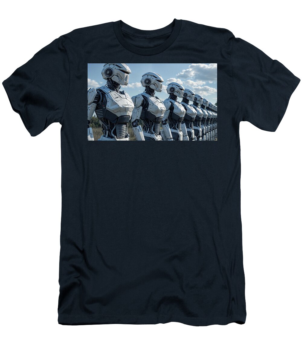 A Line of Futuristic Robots Stands in Orderly Formation Mango Art T-Shirt