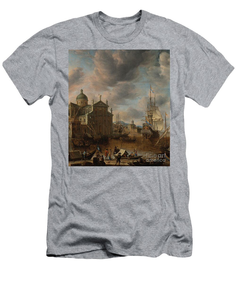 A Mediterranean Capriccio Harbour with Figures Conversing on a Quay and a Dutch Three Master Mooring Beyond 1665 Jan Beerstraten T-Shirt