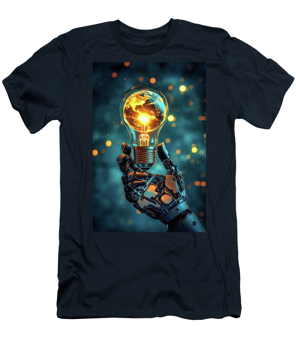 A Robotic Hand Holding the Earth in a Lightbulb Garry Gay T-Shirt