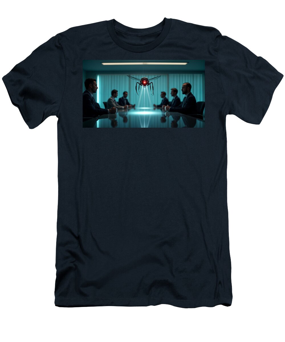 A Robotic Insect with Glowing Red Eyes Hovers Ominously in a Dimly Lit Conference Room Mango Art T-Shirt