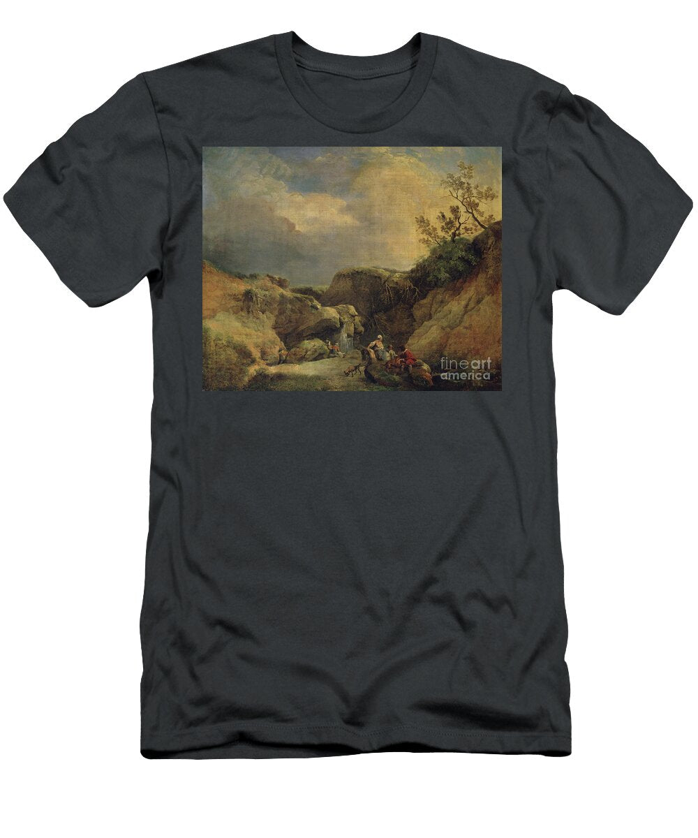 A Rocky Wooded Landscape with Travellers Conversing By a Waterfall Hubert Robert T-Shirt